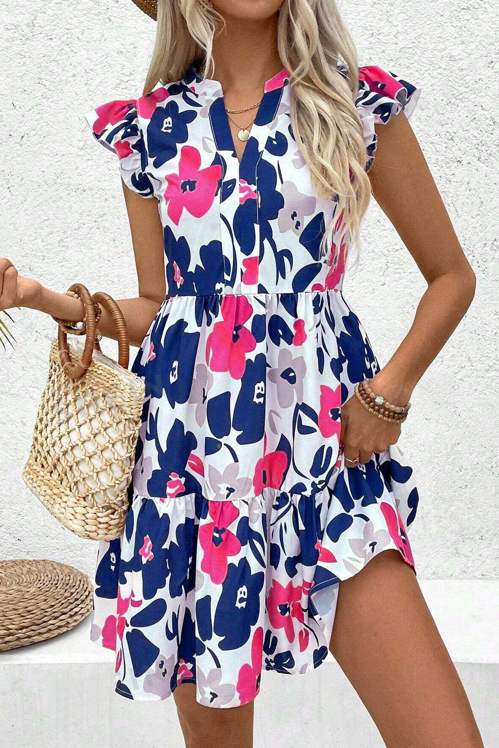 Orange Floral Print Notched Neck Flutter Sleeve Mini Dress