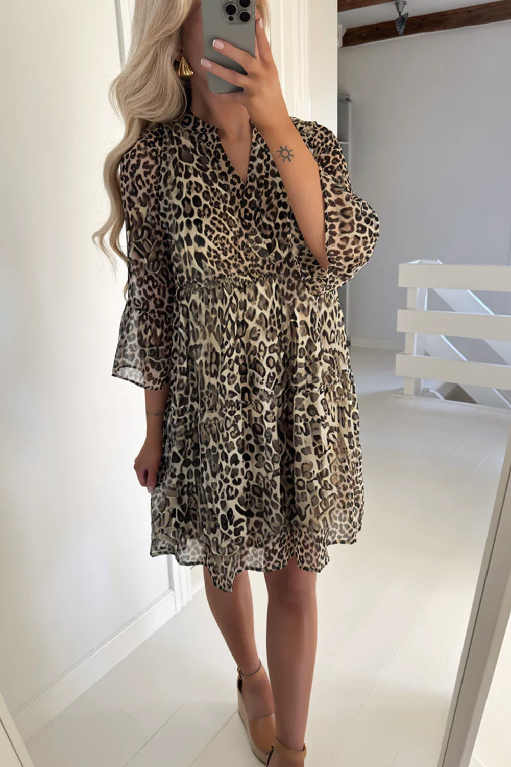 Khaki Leopard 3/4 Sleeve V Neck Swing Dress