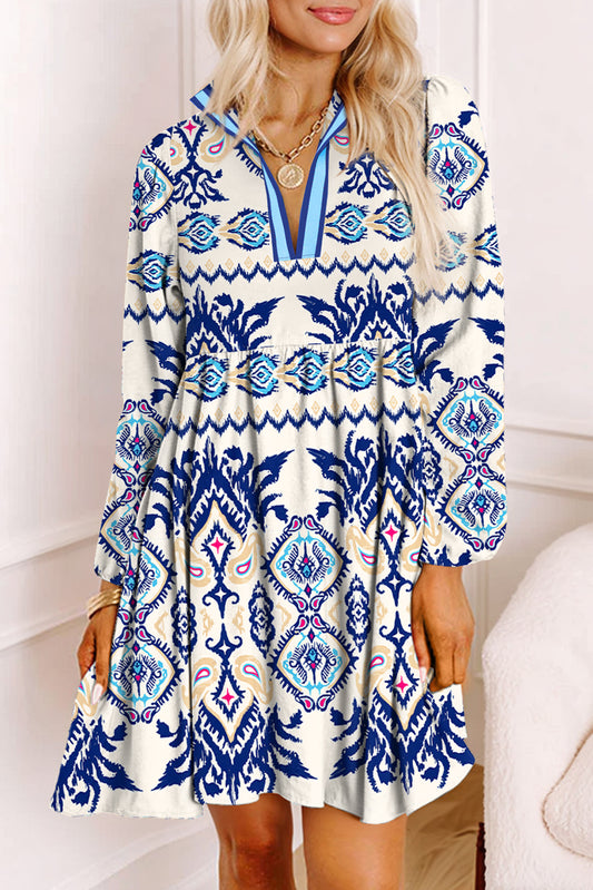 Blue Ethnic Print Striped Split Neck Long Sleeve Flowy Mini Dress