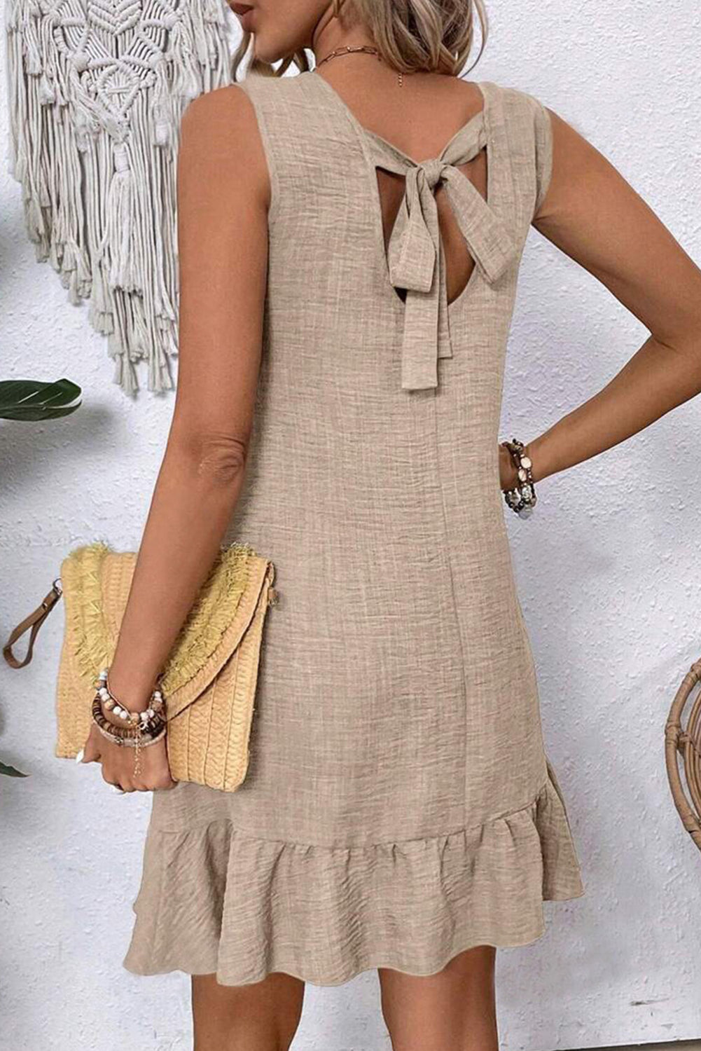 Bright Pink Knot Scoop Back Ruffle Hem Sleeveless Mini Dress