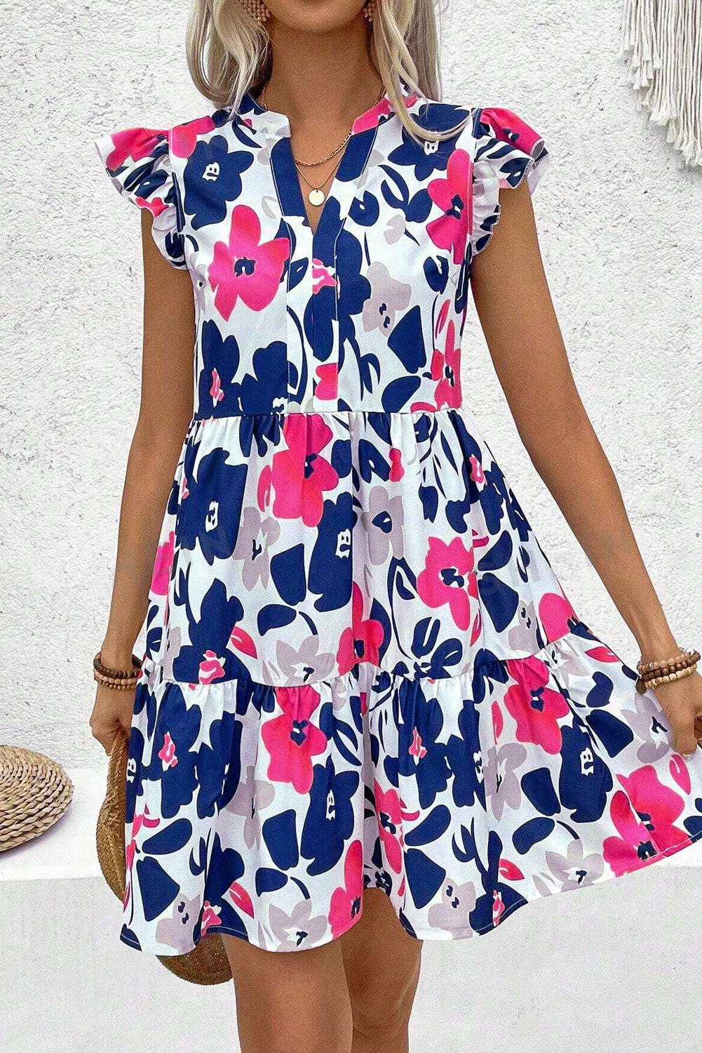 Orange Floral Print Notched Neck Flutter Sleeve Mini Dress
