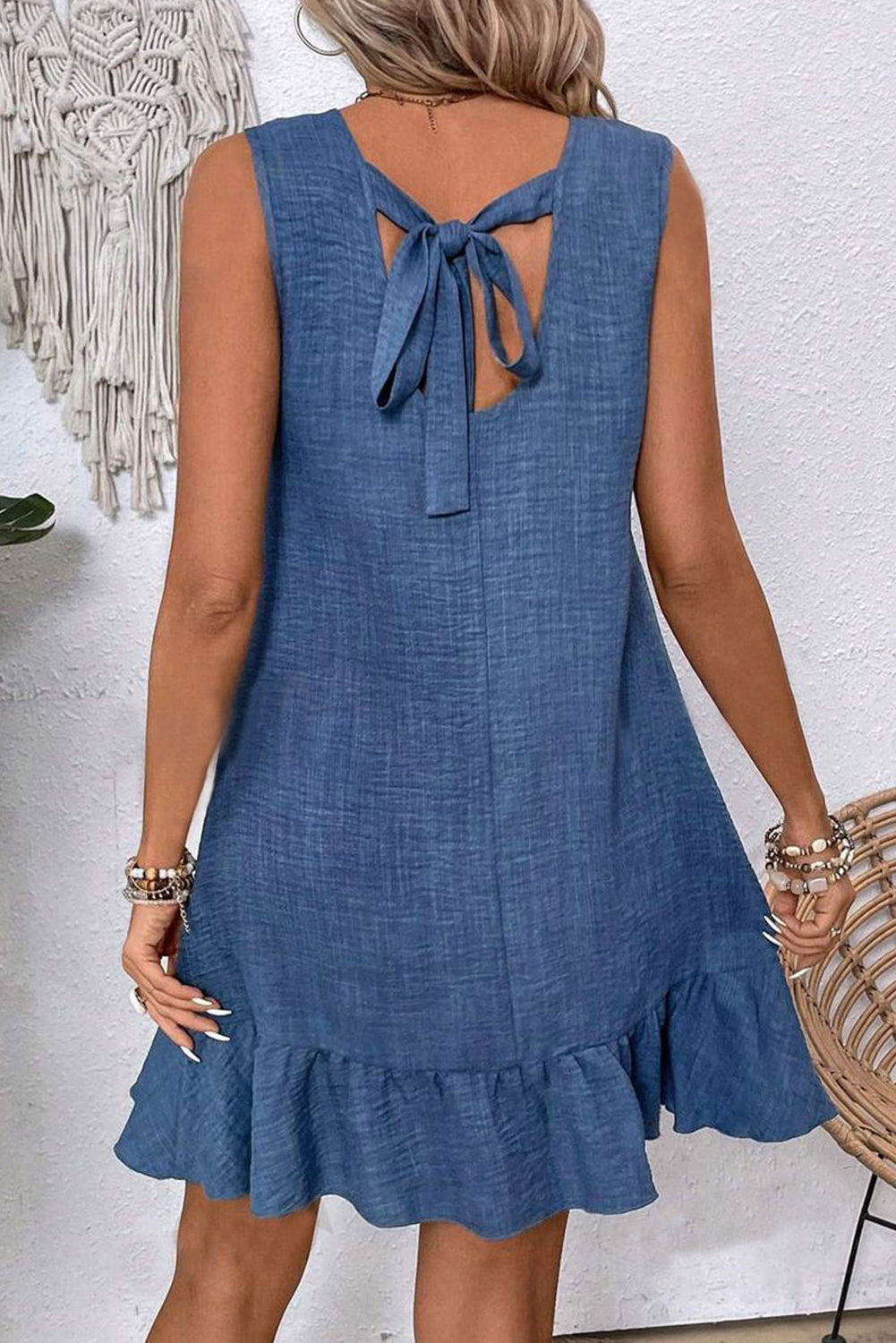 Bright Pink Knot Scoop Back Ruffle Hem Sleeveless Mini Dress